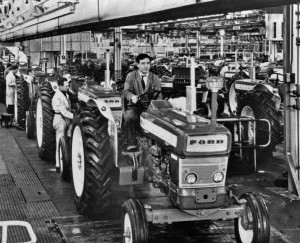 Ford tractor on an assembly line.