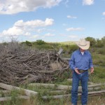 man standing beside downed trees