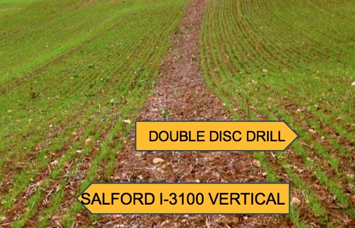 This  photo  taken  from  Salford’s  own  field  trials  shows  stands  seeded  with  a  vertical  tillage  implement compared to a drill.