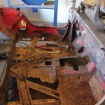 What we started with. Once we removed the fuel tank and under-seat tool box, there wasn’t much left. Most of the floor panels and body support frame were rusted so badly there were large holes. The entire body was unsafe.