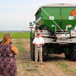 A product rep from New Leader, which demonstrated one of their dry fertilizer spreaders, showed onlookers how the spread patterns of new machines are much more consistent than what the previous generation of spreaders was capable of.