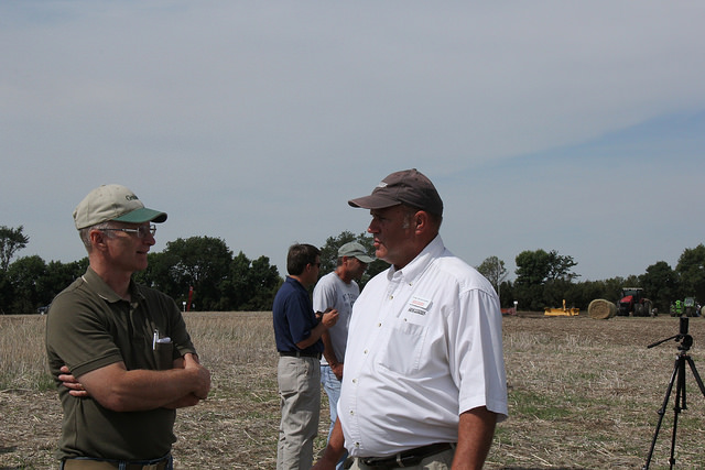Scott Garvey chats with Craig Fenstermaker, New Leader product specialist, at Ag in Motion in July.