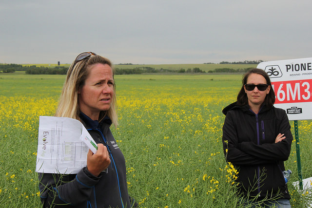Glenda Clezy, agronomy trial manager at DuPont Pioneer and Nicole Buitenhuis, Edam-area farmer and Pioneer seed rep at EvolveAg's field day south of Mervin, Sask.