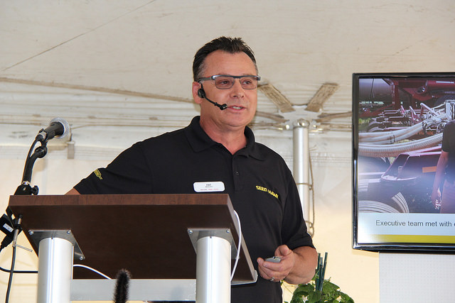 Pat Beaujot speaks at the Seed Hawk reception during Canada's Farm progress Show in Regina.