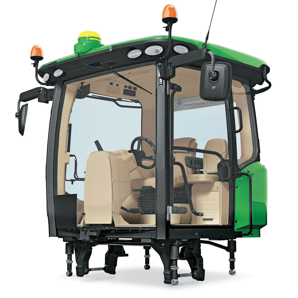 The 9RX cab suspension system uses a mechanical Parallel Plane Four-Bar linkage system with four inches of vertical travel.