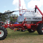 Canadian-built seeding equipment had a presence at AgQuip. Some machines sported modifications intended to meet local demands, such as this Morris seed cart with space left on the frame for a liquid N tank.