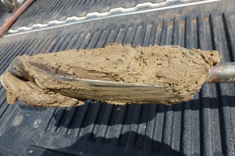 Dig the well. This is the auger, filled. Remember, just 1.5 turns. At this stage it is evident that we are well below the water table. I use a rubber glove and left hand only for cleaning to keep auger handle clean — mostly!