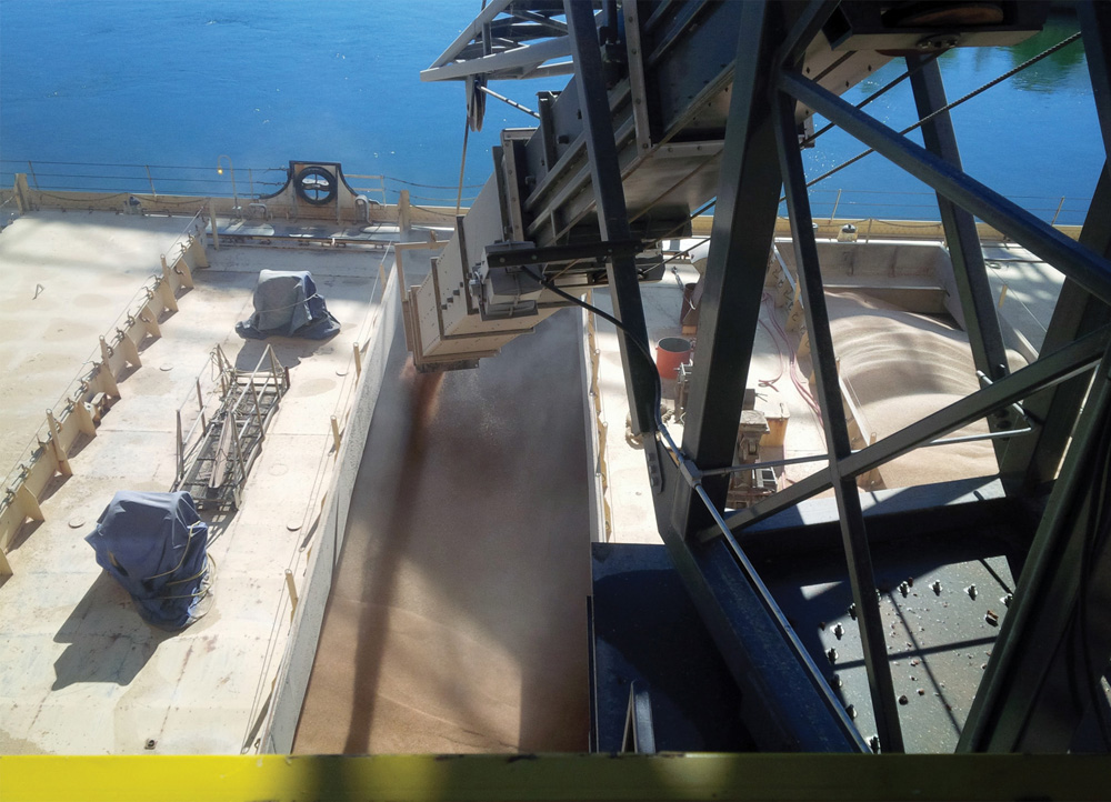A laker vessel sits docked at the grain terminal awaiting filling.