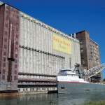 A laker vessel sits docked at the grain terminal awaiting filling.