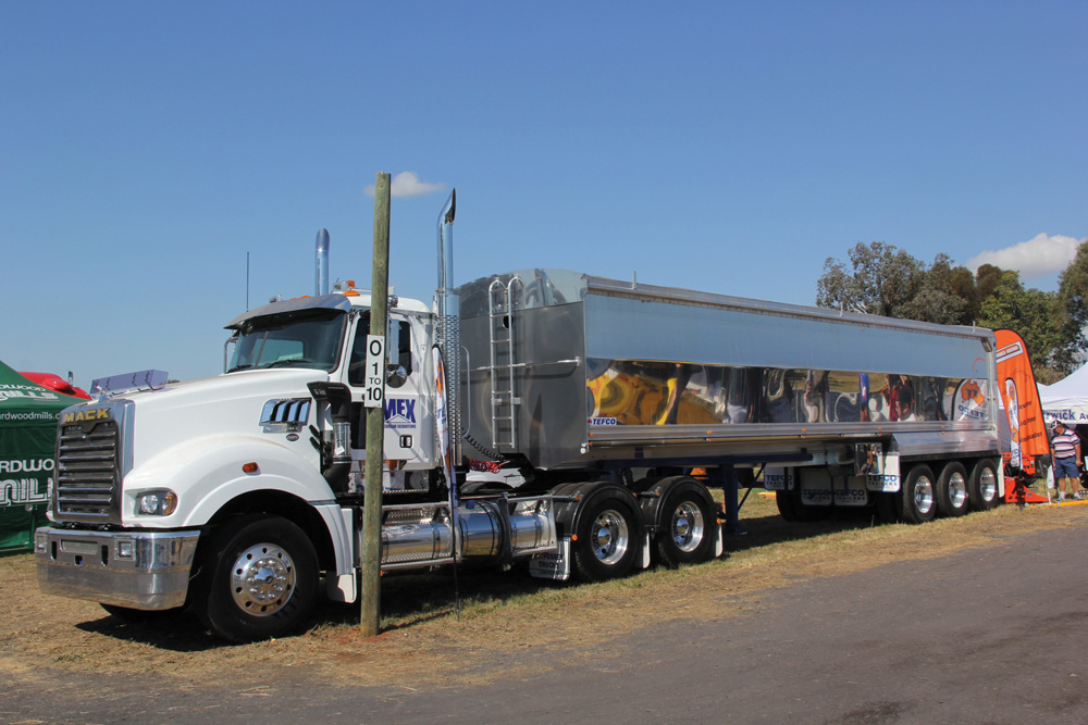 End-dump semi trailers are still common on Australian farms for grain hauling.