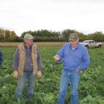 Chris Walter, left, Ernie Lange, Graeme Finn of Union Forage and Ed Lange discuss the diverse forage blend grown on the Camrose, Alta. area farm this year.