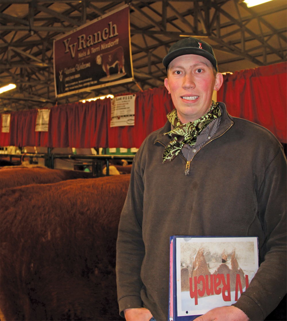 Hal Nixdorff of YV Ranch near Airdrie is among a long line of Nixdorff families producing purebred cattle. YV Ranch had eight horned bulls including seven two-year-old bulls and a bull calf up for offers at the Calgary Bull Sale. The ranch has been attending the sale for 30 years.