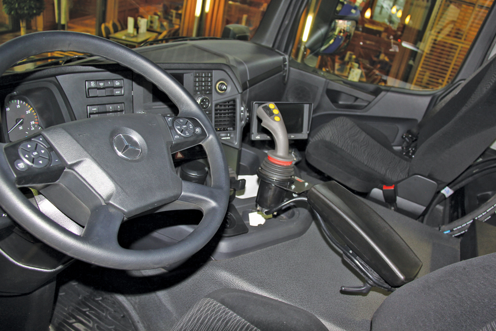 Inside the cab, the Agro Mover controls look more like something you’d expect to find in a tractor than a truck.