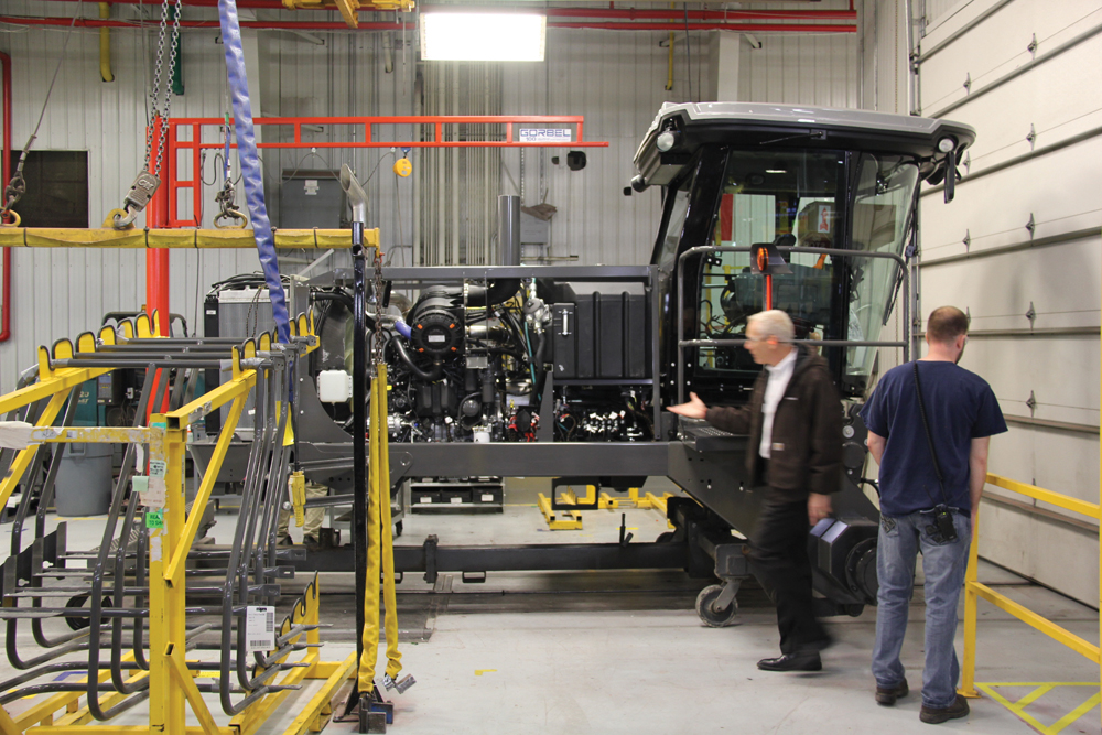 With everything operational, a swather waits to go into a “quality gate,” where all systems are tested before further assembly. 