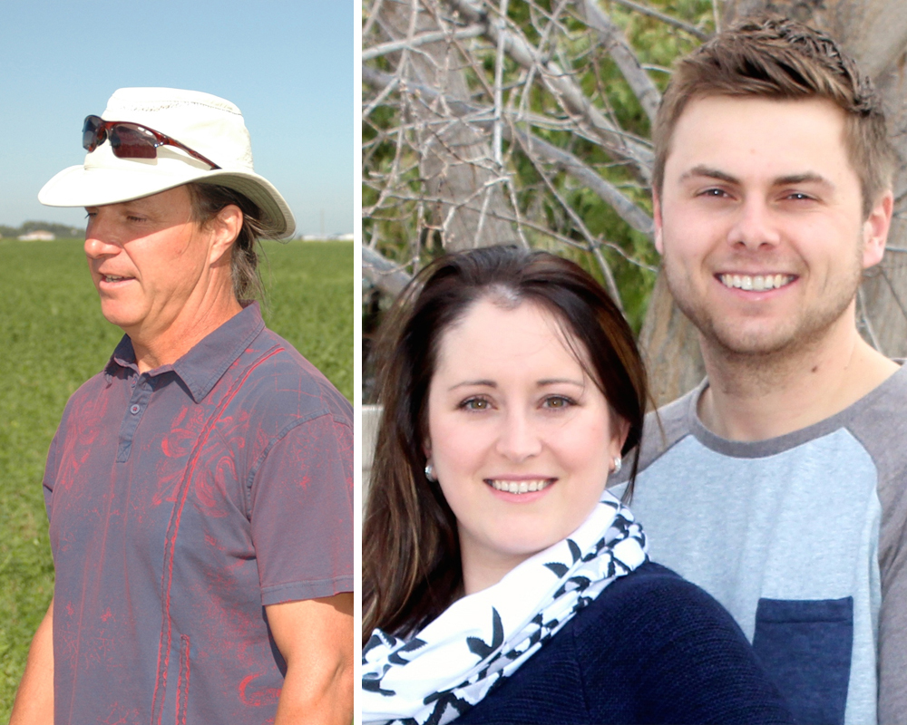Rod Lanier (l) will be growing hemp again on his farm near Lethbridge. Jeff and Ebony Prosko (r), who farm in Rose Valley, are contracting a helicopter service for fungicide applications this year.