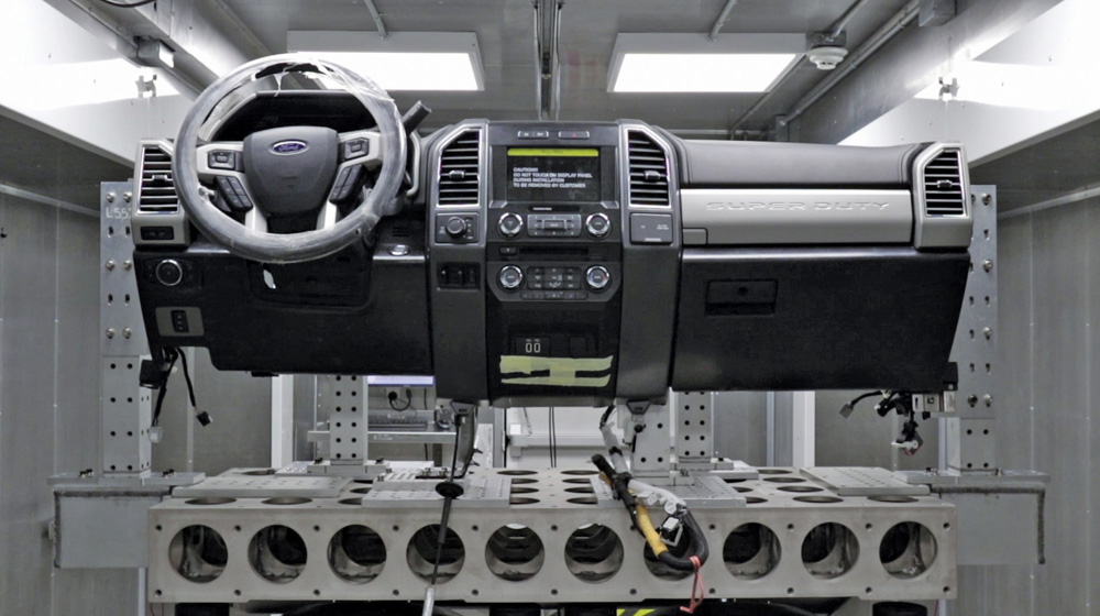 Component assemblies, like this dashboard, can be tested independently to find sources of potential rattles and squeaks.