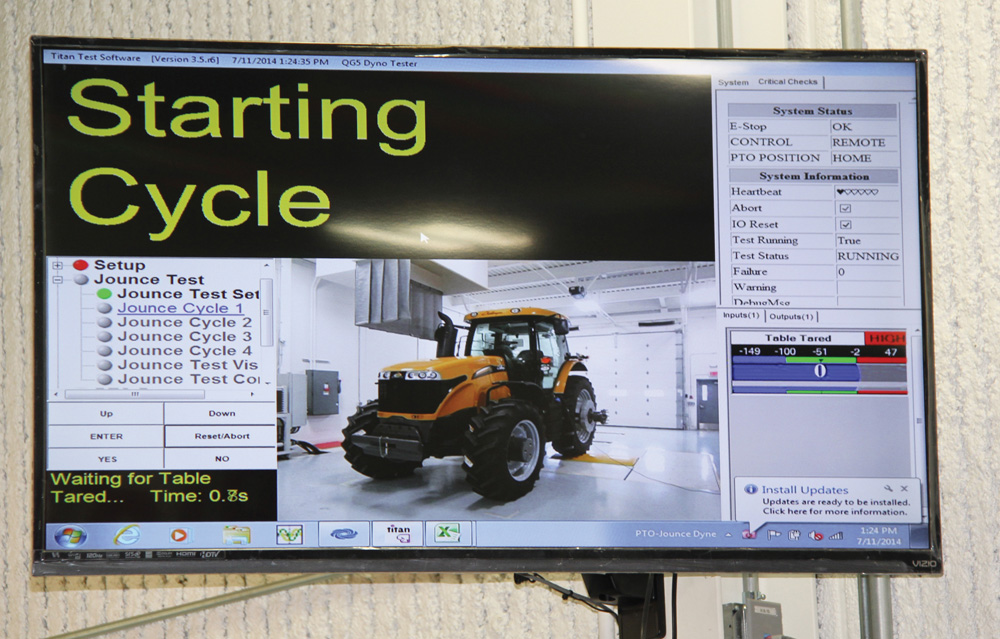 “Jounce” tests at the AGCO plant, which shake up a tractor to find electrical and hydraulic connection faults, are computerized.