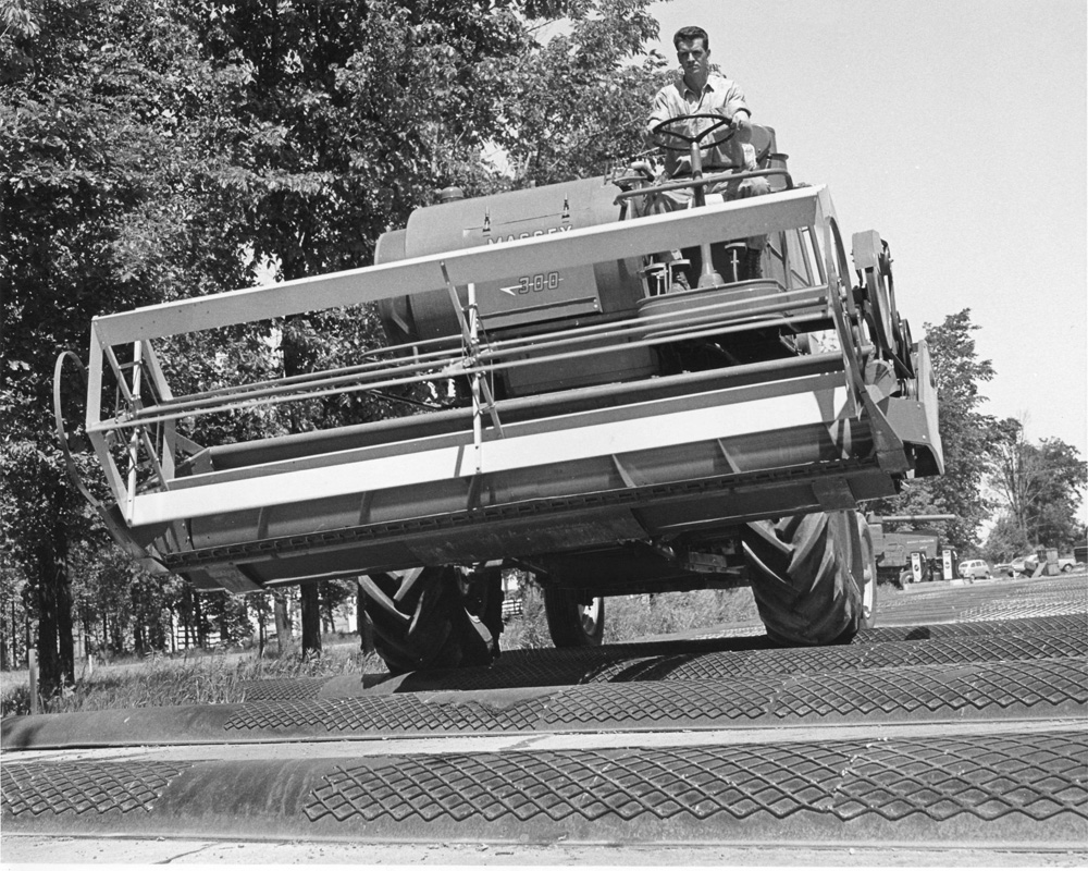 This photo taken at Massey-Ferguson’s combine test facility in the early 1960s shows the bump track used to test long-term durability. 