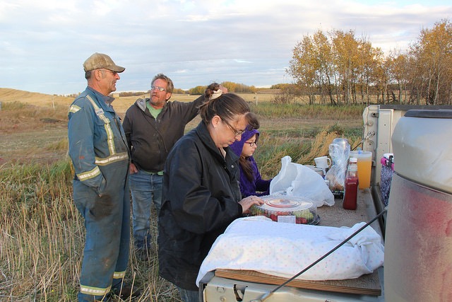 Supper in the field at the Millard farm, near Livelong, Sask. Pictured are Leo Millard, Myron Lipteck, Wanda Millard, and Julianna Millard.