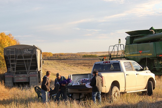 Leo Millard horses around with his granddaughter, Julianna, while Wanda Millard unpacks harvest supper and hired man Myron Liptek looks on.