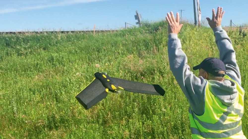 The eBee is a fixed-wing drone with a styrofoam body. It takes to the sky easily.