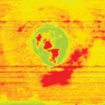 In this digital image of a pea crop, the green area shows a depression where weeds flourished.