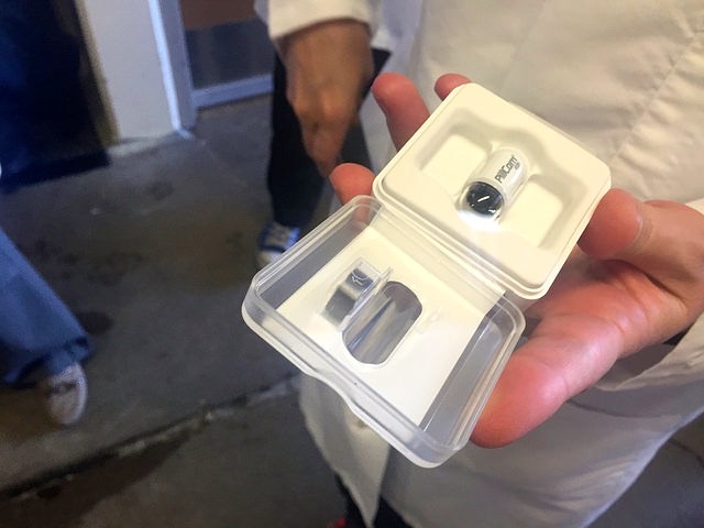 A pill cam used to diagnose intestinal issues in horses. The pill cam costs $800, can only be used once, and sends images in real time as it makes its way through the horse's gut.