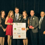 Canada’s 2016 Outstanding Young Farmers with sponsors, from left, Komie Hossini, Bayer CropScience; Teresa Garside, John Deere;