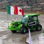 A company employee drove a telehandler around the demonstration course flying an Italian and Canadian flag to welcome Canadian dealers and customers.
