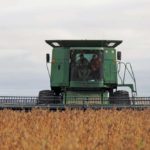 David Meakin finishes a second pass on the soybeans, with Gary Sollid riding shotgun.