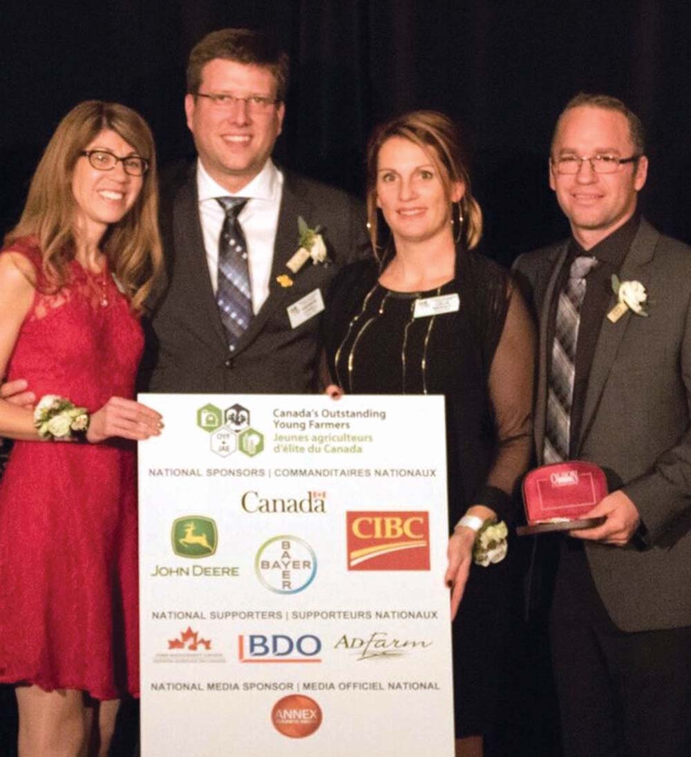 Jennifer and Andrew Lovell, fruit and vegetable producers from Keswick Ridge, N.B., at left, and Dominic Drapeau and Célia Neault, dairy producers from Ste-Françoise-de-Lotbinière, Que., were named Canada’s Outstanding Young Farmers for 2016. These two farm families were chosen from seven regional farm couples across Canada. The 2017 national competition will be held in Penticton, B.C. later this month.