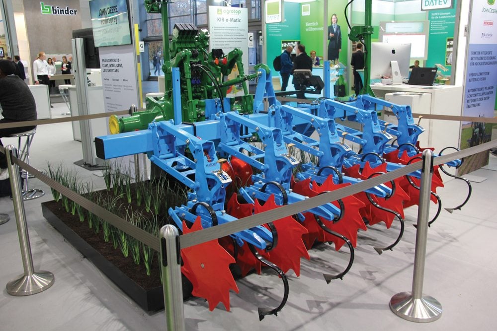 John Deere showed its emerging smart technologies developed in  conjunction with recently-acquired brands, like this guided tillage implement that uses some Monosem components. 