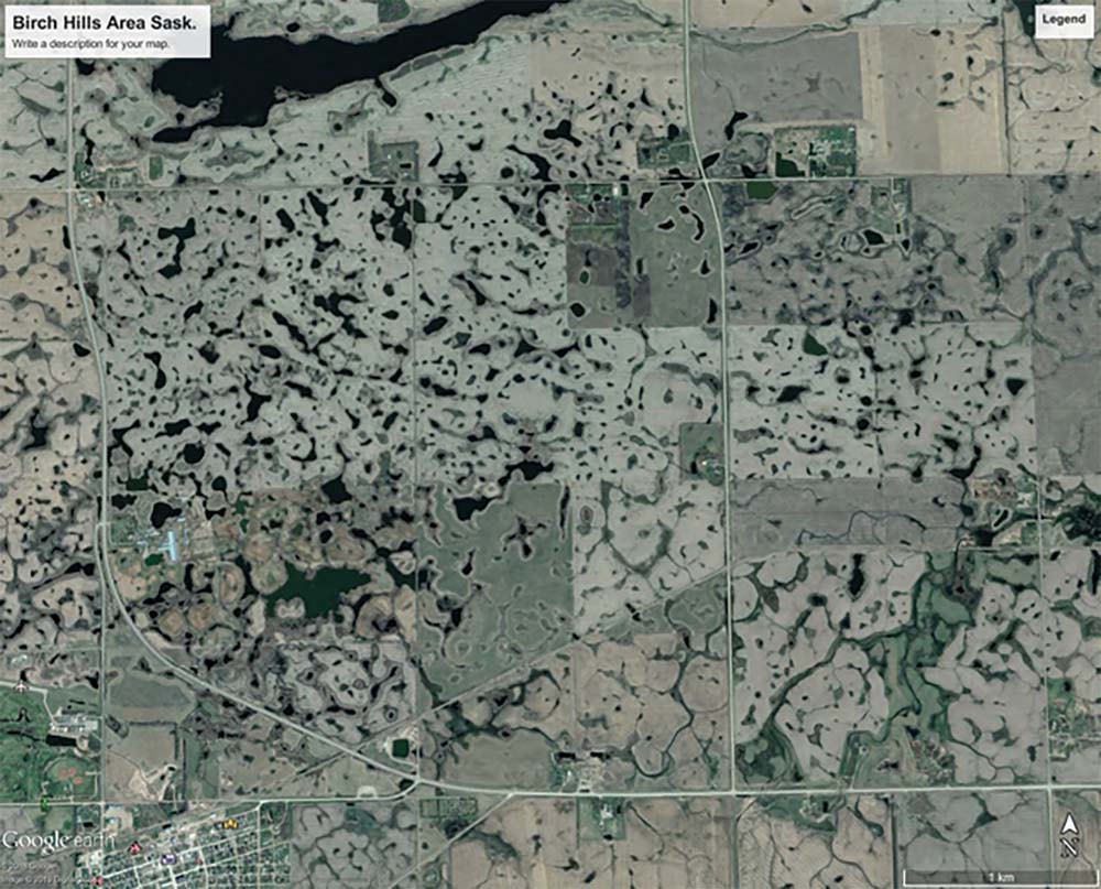 This is the Birch Hills area as shown by Google Earth on May 10, 2017. The town is in the bottom left area.  Clearly, much of this area is not good land in wet years without some slough consolidation.