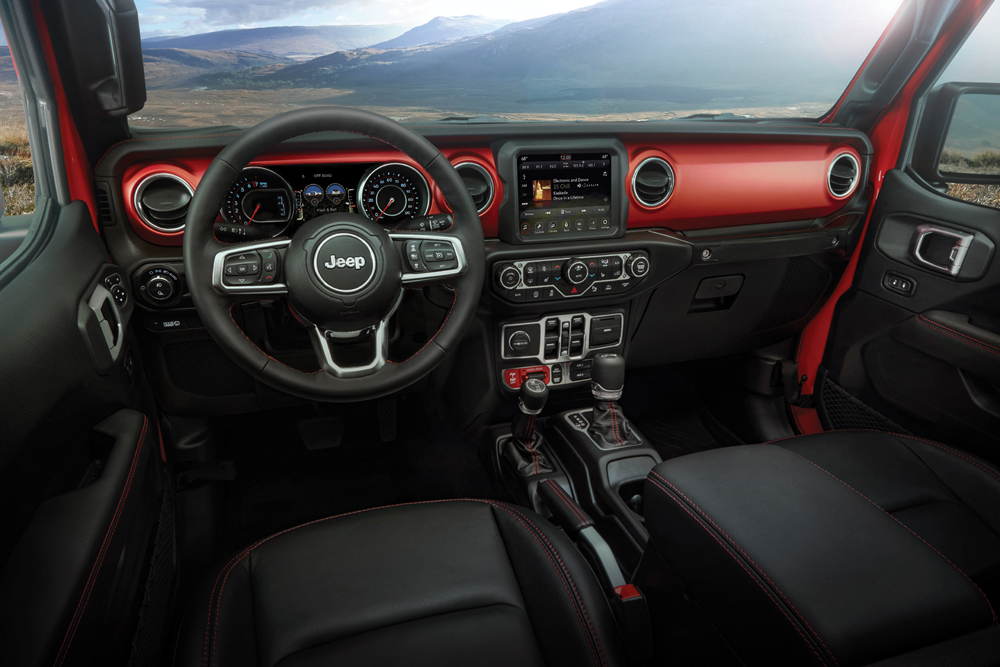 The interior is nearly identical to the existing Jeep Wrangler.