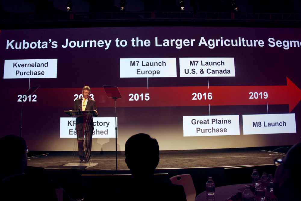 The open-ended timeline behind Bob Hickey, president of Kubota Canada, shows how Kubota has moved ever closer to providing broad-acre farmers a full line of machinery. While none of the executives provided any hard and fast details about what may or may not come next, there was a lot of talk about allowing for future growth in the equipment line. That seems to suggest the M8s could eventually get bigger brothers.