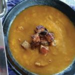 Squash, Pear and Parsnip Soup with Maple Croutons.