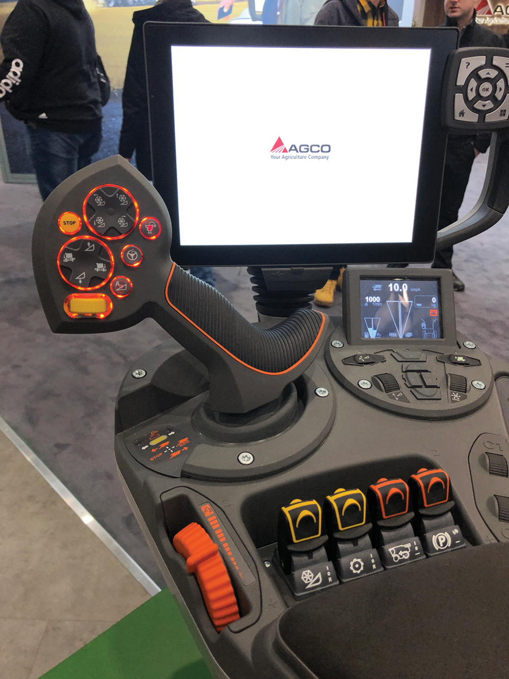 AGCO’s Fendt IDEAL combine was on display with a twist: no steering wheel in the cab. Instead, you’ll be able to steer with just the joystick. The promotional signs claimed that, steering this way, you’ll be able to use 65 per cent less muscle activity.