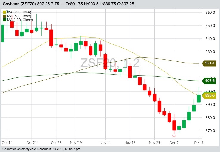 CBOT January 2020 soybeans with 20-, 50- and 100-day moving averages. (Barchart)
