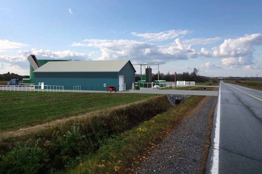 A rendition, by Genitique, of the planned biomethanization plant to be built at Warwick, about 65 km southeast of Trois-Rivieres. (Groupe CNW/Energir)
