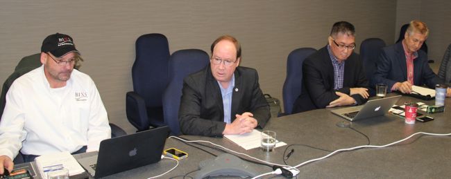 Key players at the news conference announcing the new company to deliver BIXS include (from left) Larry Thomas, national co-ordinator of BIXS; Rob McNabb, general manager of the Canadian Cattleman’s Association; Hubert Lau of ViewTrak, CEO of the new company; and Ted Power, president of ViewTrak. (Lee Hart photo)
