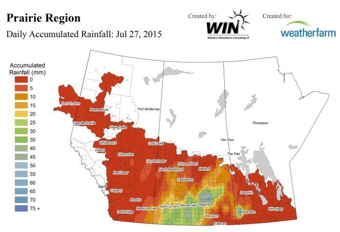 This WeatherFarm map shows the heavy rainfall in southern Saskatchewan July 27
