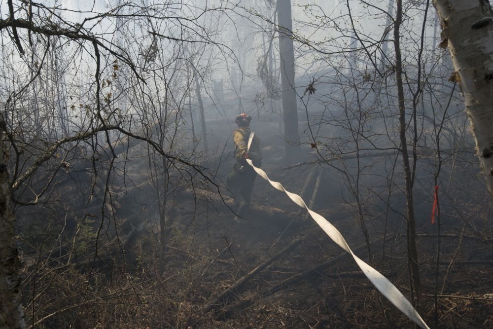 A member of Wildfire Management Alberta’s Wild Mountain Unit pulls hose through smouldering forest in the Parsons Creek area of Fort McMurray on May 5. (Chris Schwarz photo courtesy Government of Alberta via Flickr)