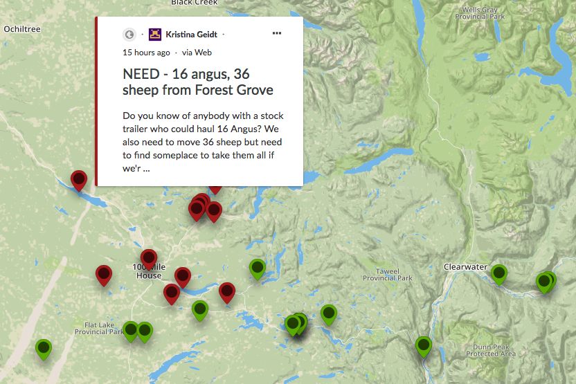 A close-up screengrab from near 100 Mile House on the B.C. Wildfire Animal Resource Map. Tags in red denote producers with livestock needing to be moved; tags in green denote offers of space or transport for affected livestock.
