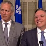 Andre Lamontagne, shown here at left at a press conference in May 2017 with CAQ leader Francois Legault, is Quebec’s new agriculture minister. (Video screengrab from AssNat.qc.ca)