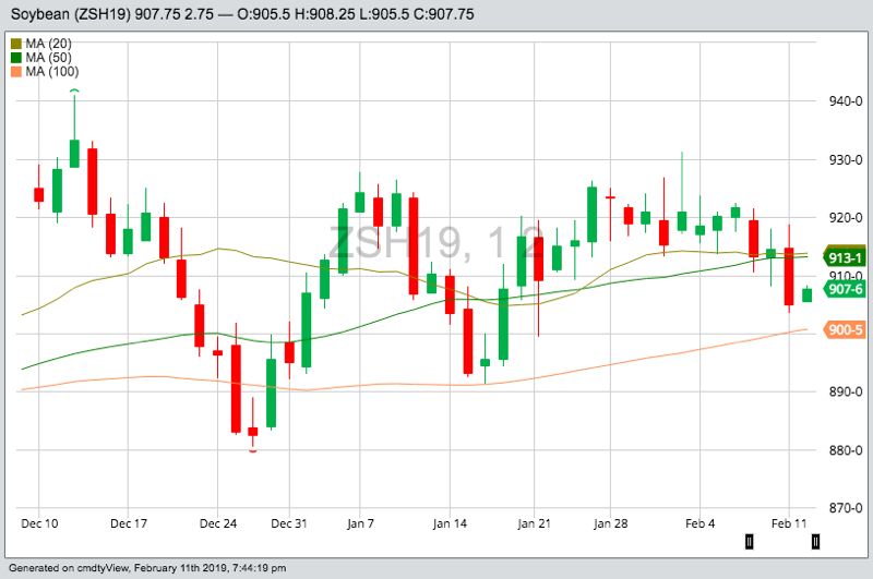 CBOT March 2019 soybeans with 20-, 50- and 100-day moving averages. (Barchart)

