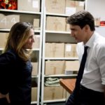 Foreign Minister Chrystia Freeland speaks with Prime Minister Justin Trudeau after her arrival at the Stelco steel plant in Hamilton on May 17, 2019, following news that the U.S. agreed to lift tariffs on Canadian steel and aluminum. (PMO photo by Adam Scotti)