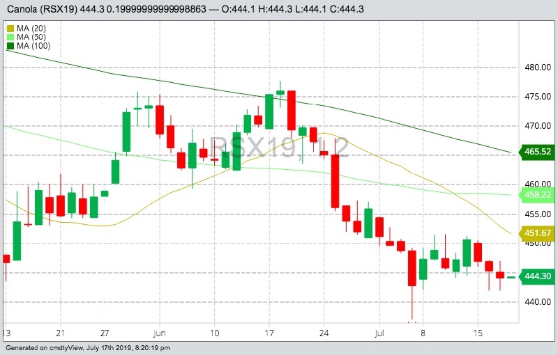 ICE November 2019 canola with 20-, 50- and 100-day moving averages. (Barchart)
