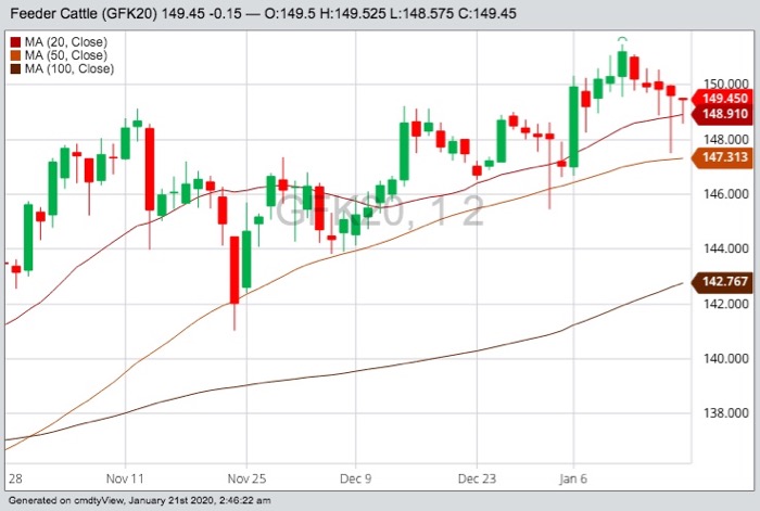 CME May 2020 feeder cattle with 20-, 50- and 100-day moving averages. (Barchart)
