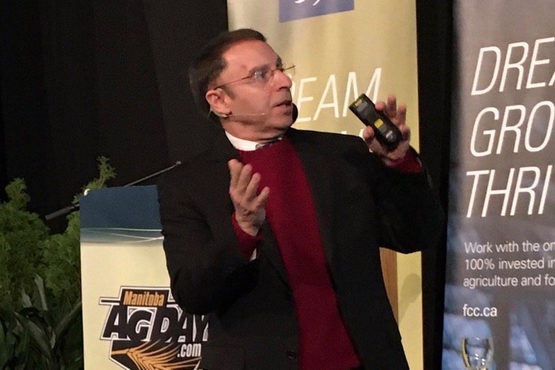 Forecaster Drew Lerner speaks at Ag Days 2020 in Brandon. (Manitoba Co-operator photo by Alexis Stockford)
