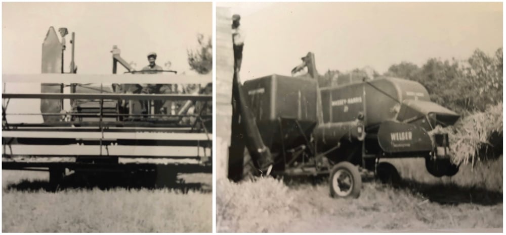 Left: My father bought this 21A Massey in 1948.  Right: We purchased this 27 Massey in 1951. We attached a baler to the back. I used this machine for custom combining.